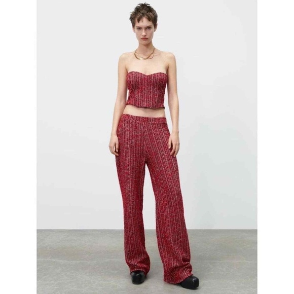 Pants - Textured Tweed Strapless Corset Top + Matching Pants Set (Size S) Matching Set